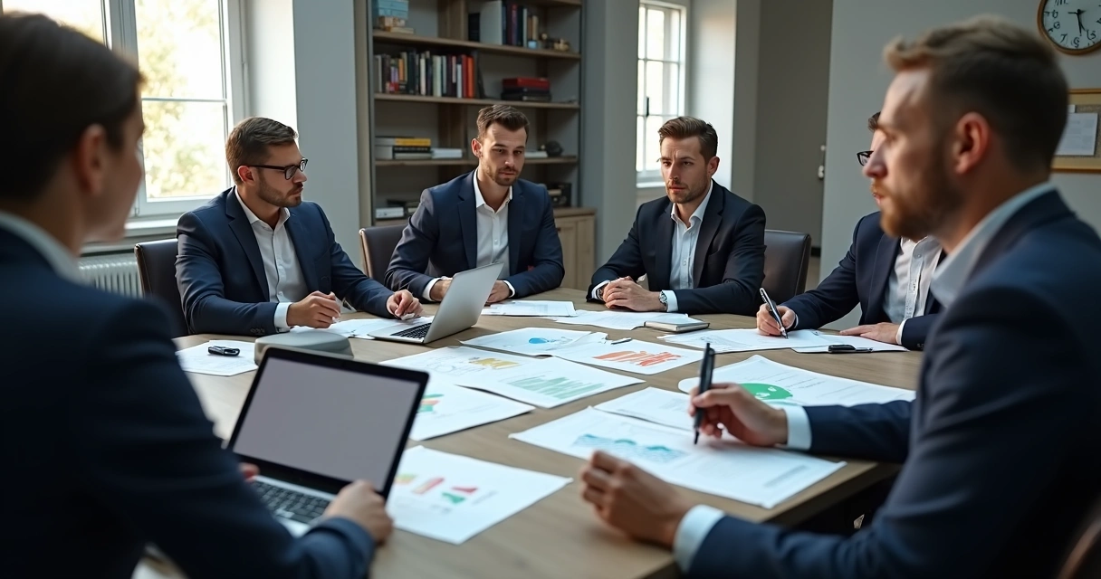 Mesa de negociação com empresários discutindo documentos de M&A