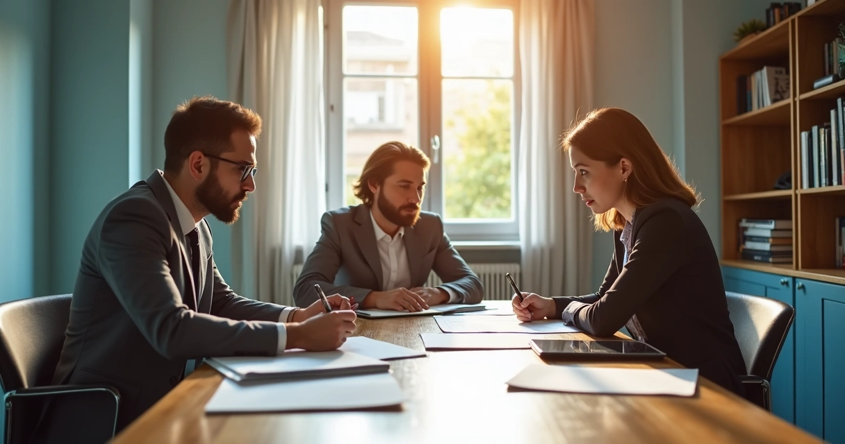 Locador, inquilino e administrador discutindo multa de rescisão em ambiente moderno 