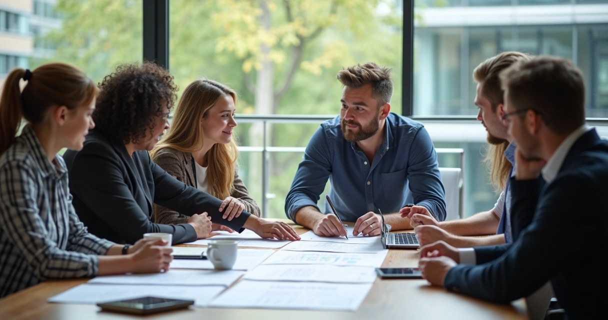 Profissionais de tecnologia revisando contrato em reunião