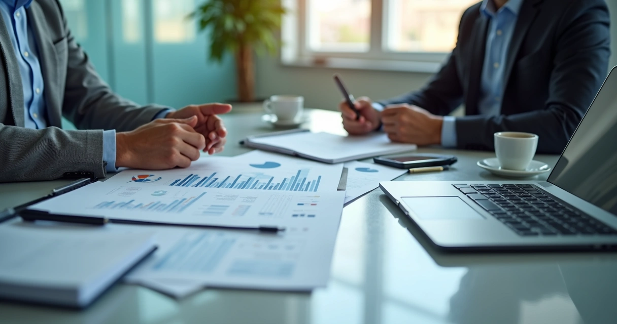 Reunião de negociação com proposta e gráficos sobre a mesa