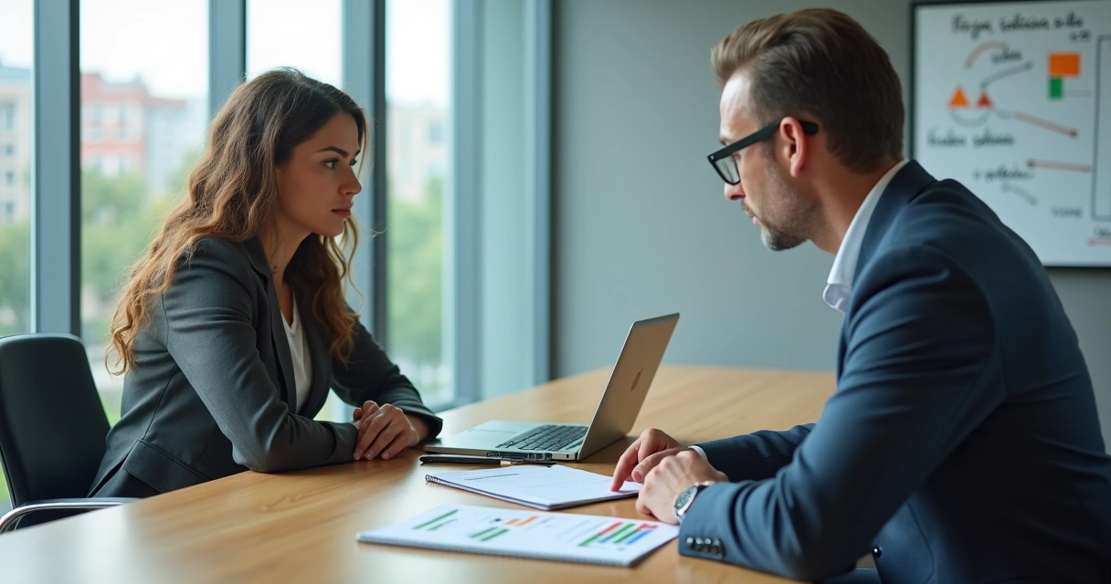 Gestor e funcionária em negociação salarial em sala de reunião moderna 