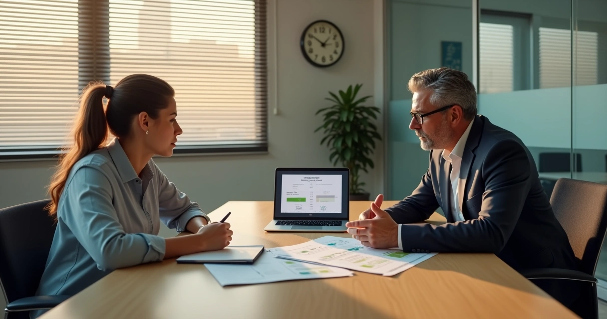 Gestor e funcionario negociando salario em sala de reuniao 