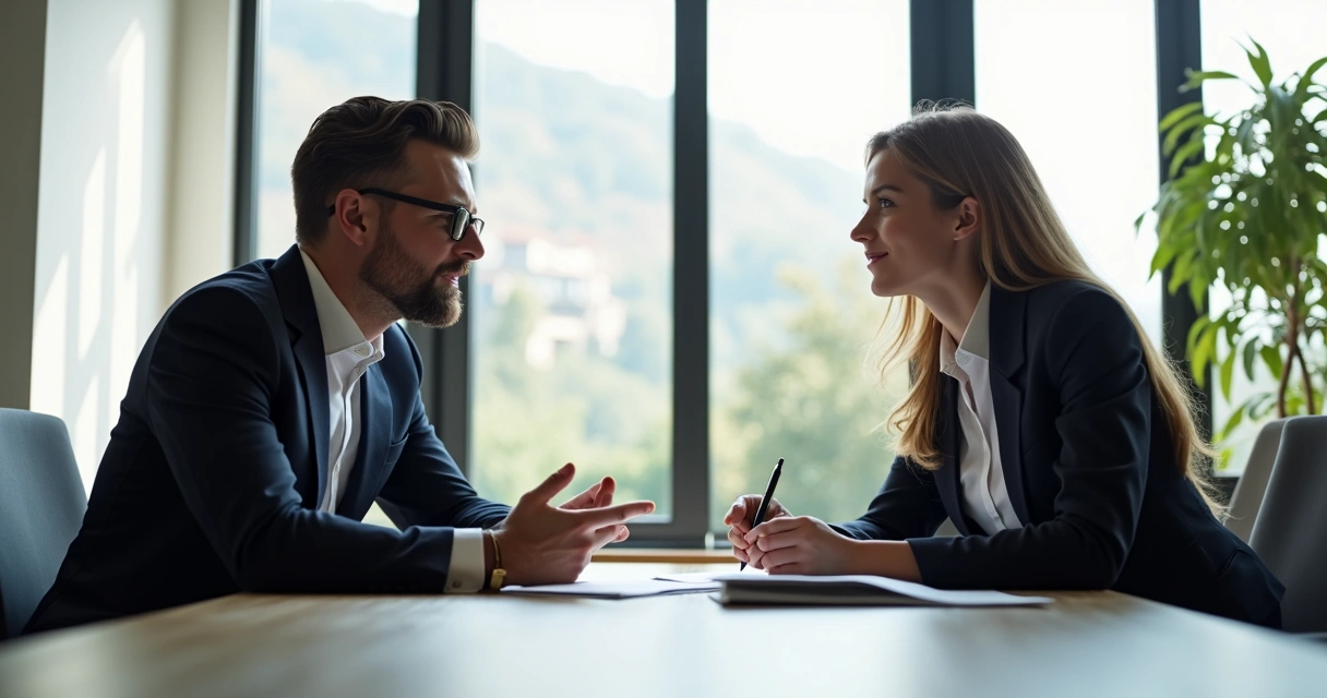 Duas pessoas sentadas à mesa discutindo serviço com papéis e notebook 