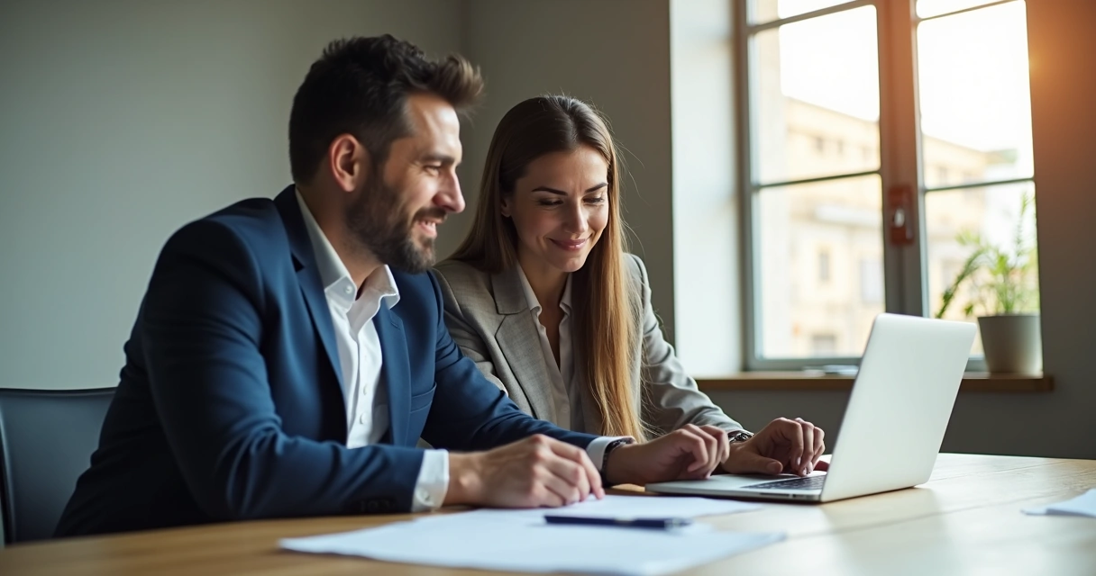 Duas pessoas em reunião de negócios, analisando proposta em notebook 