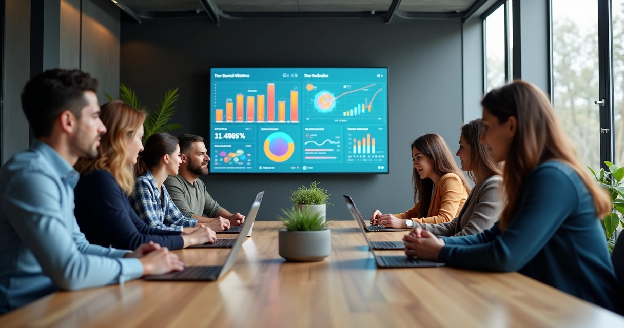 Equipe de agência de social media em reunião estratégica com laptops e gráficos em tela grande 