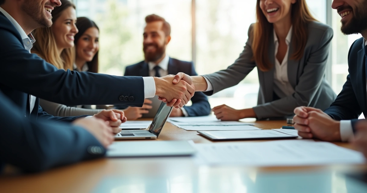 Reunião de negócios com pessoas apertando as mãos. 