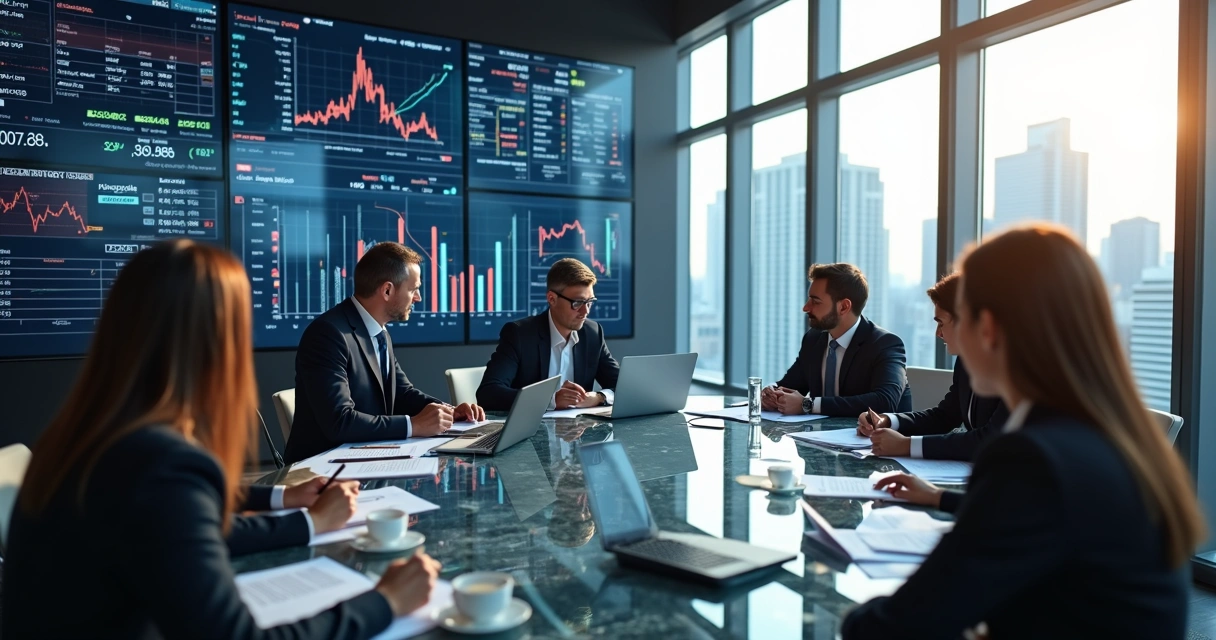Executivos discutindo gráficos financeiros e estratégias de venda em sala de reuniões moderna