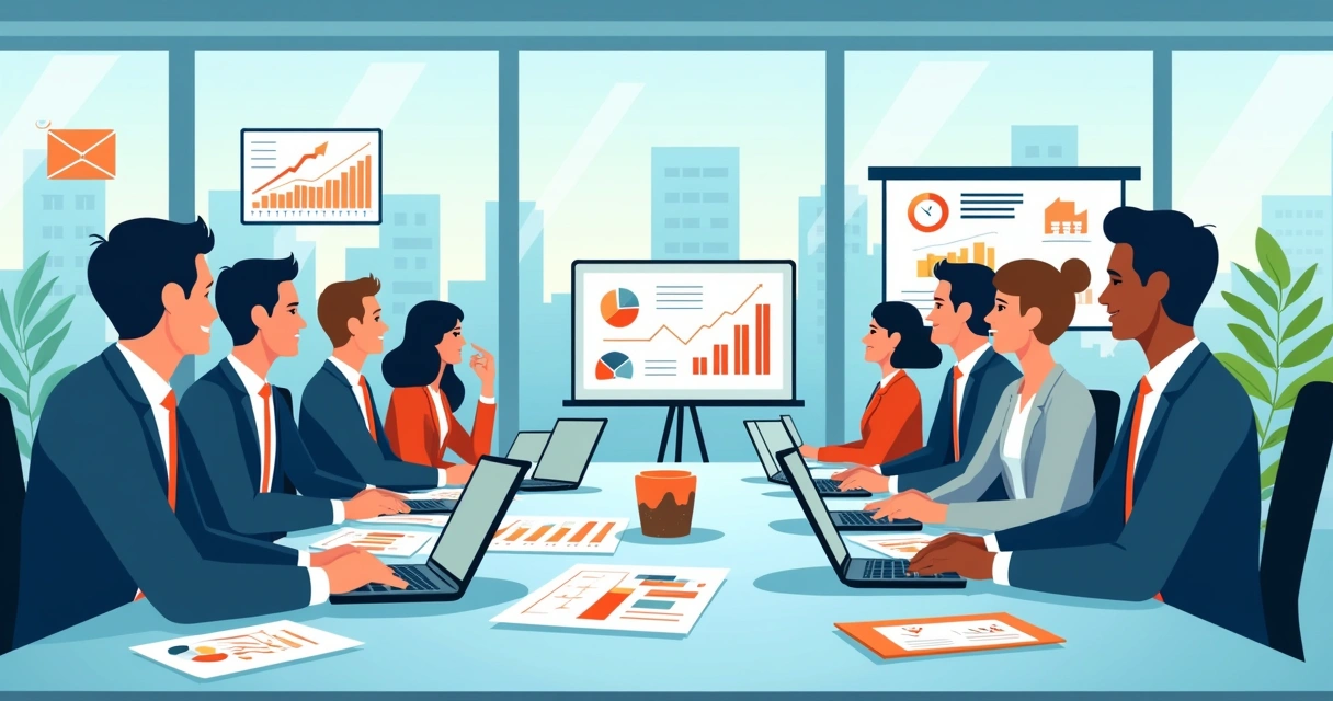 Reunião de negócios com gráficos e dados em uma mesa, profissionais discutindo estratégias no ambiente moderno.