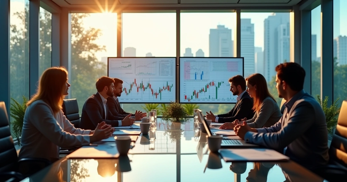 Reunião empresarial discutindo gráficos financeiros e valor de empresa. 