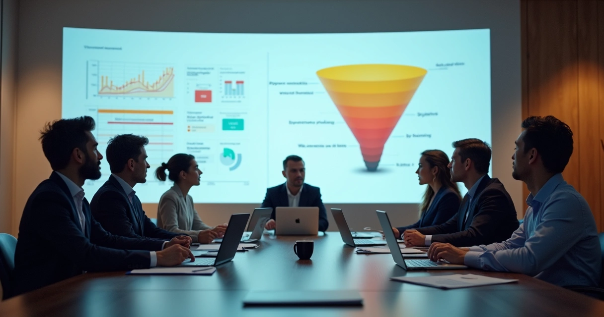 Equipe analisa gráficos de funil de vendas em reunião 