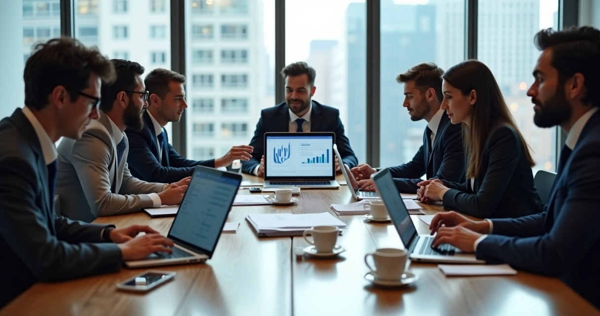 Equipe de profissionais em reunião discutindo estratégias de negócios financeiros com gráficos e laptops na mesa 
