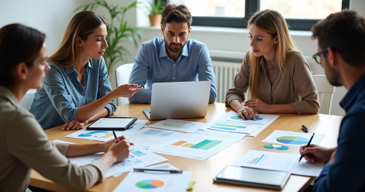 Equipe reunida discutindo finanças em mesa de escritório 