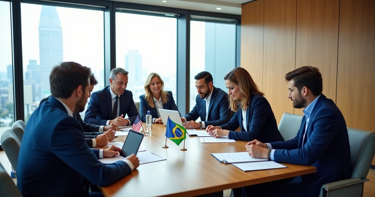 O que muda para estrangeiros com o beneficial ownership em 2026? 1 Executivos discutindo documentos empresariais em sala de reunião com bandeiras dos EUA e Brasil