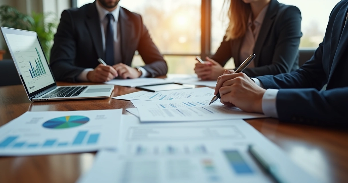 Reunião de negócios com documentos contratuais e gráficos financeiros sobre mesa de madeira 