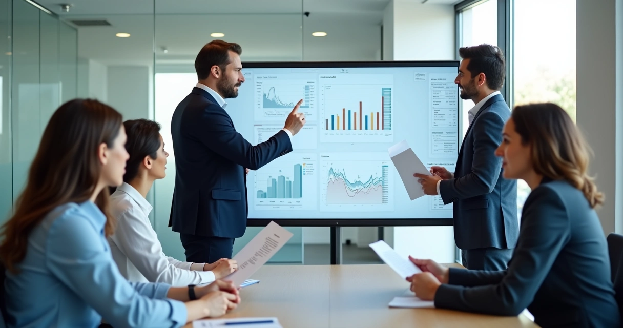Equipe de negócios discutindo relatórios em reunião, dados na tela e expressões incertas 
