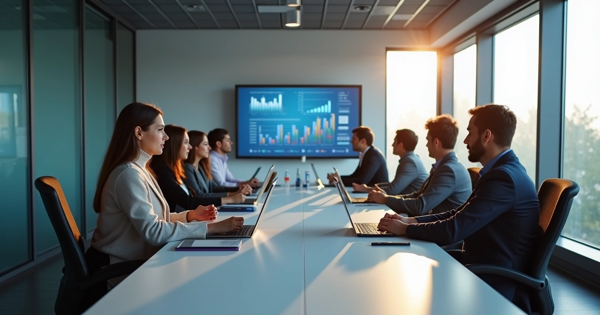 Equipe de negócios em reunião analisando gráficos e dados digitais 