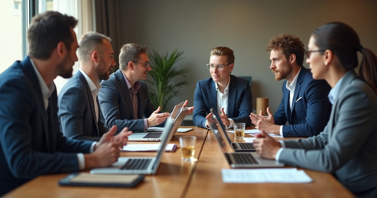 Pessoas em reunião ao redor de uma mesa de madeira, demonstrando diferentes expressões e gestos com as mãos. 