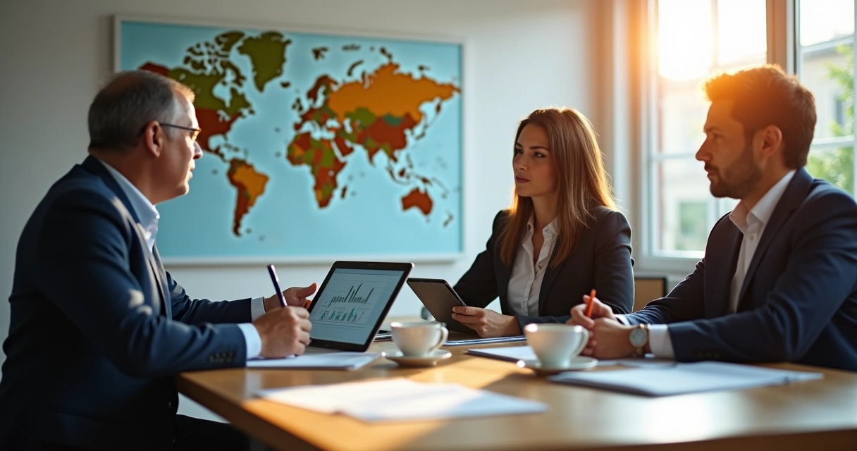 Empresários negociando parceria em uma mesa com relatórios de importação