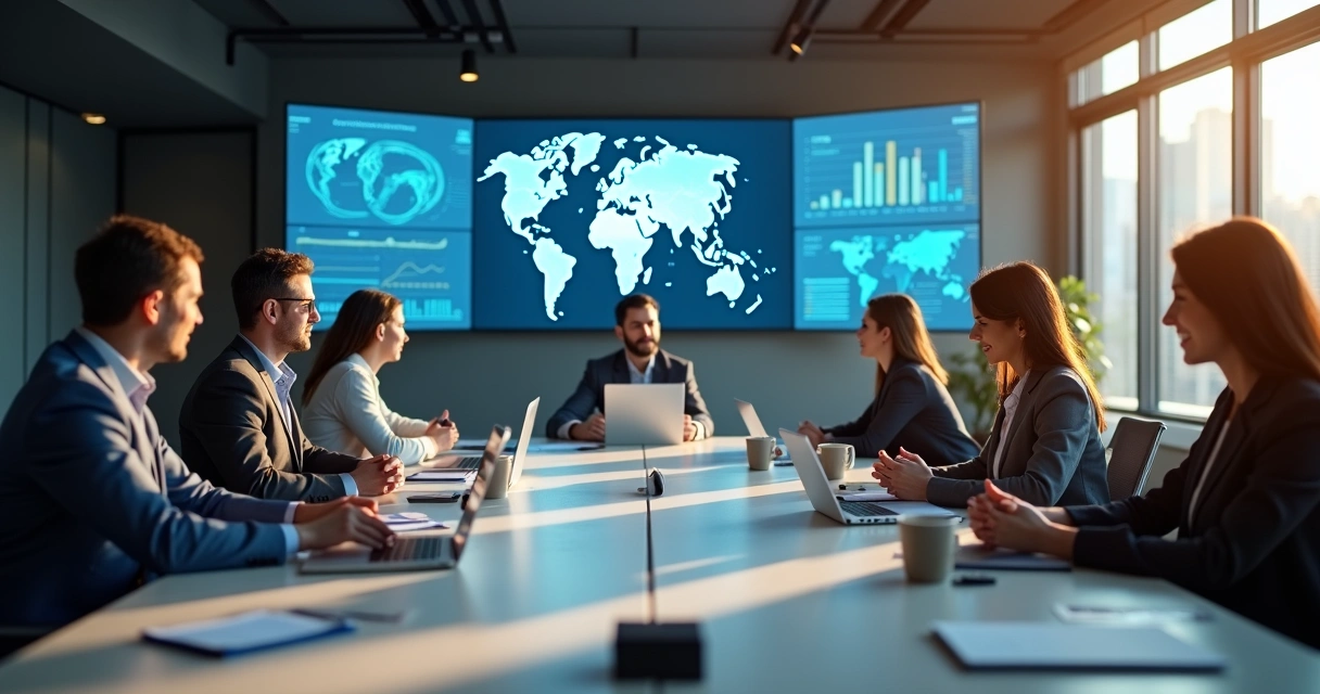 Executivos de diferentes países em reunião ao redor de uma mesa. 