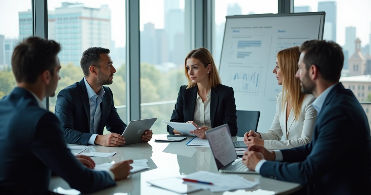 Executivos em reunião ao redor de mesa redonda com laptops e anotações 
