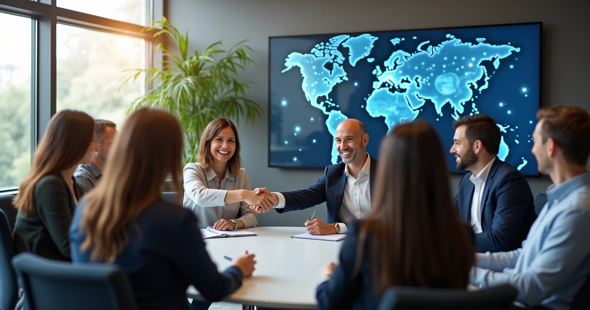 Empresários reunidos em círculo apertando as mãos 