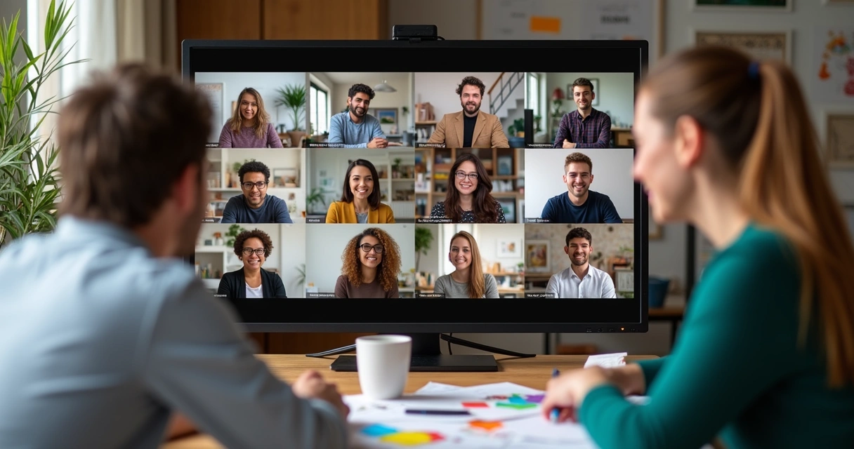 Grupo em reunião virtual trocando ideias sobre arte-educação na tela 