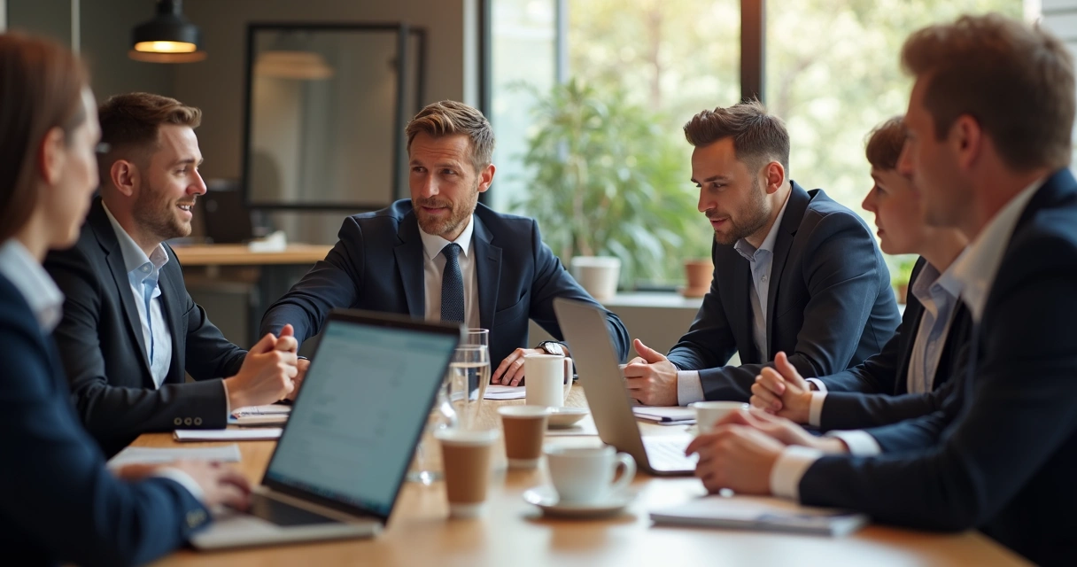 Empresários conversando sentados em sala de reuniões profissional 