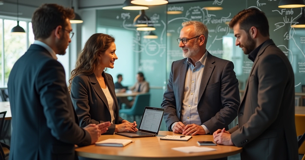 Empresarios em pequena rodada de conversa conectando pontos em quadro de networking 