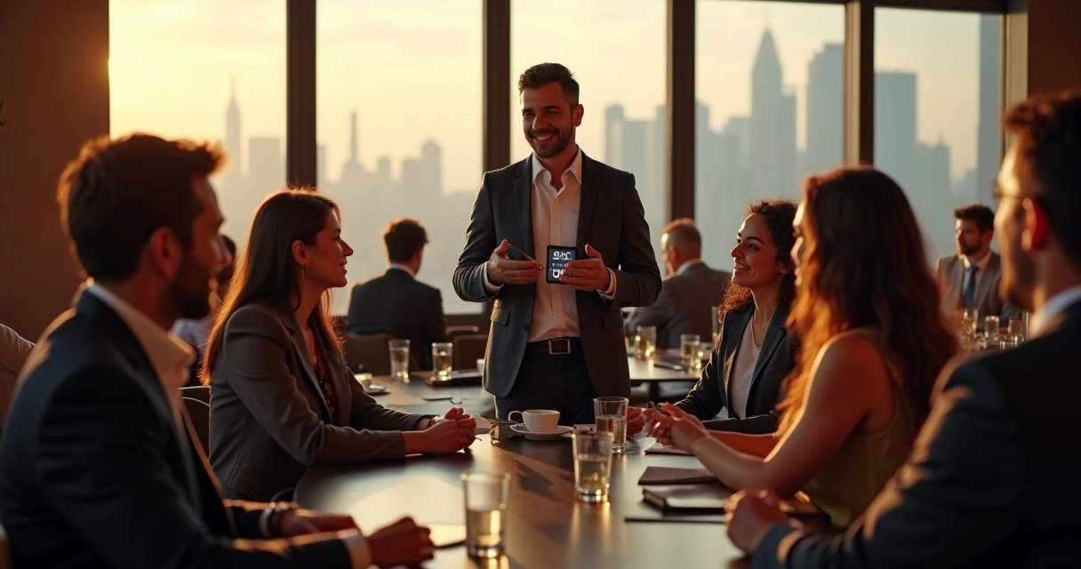 Empresário fazendo pitch de vendas em roda de networking com cronômetro na mão 