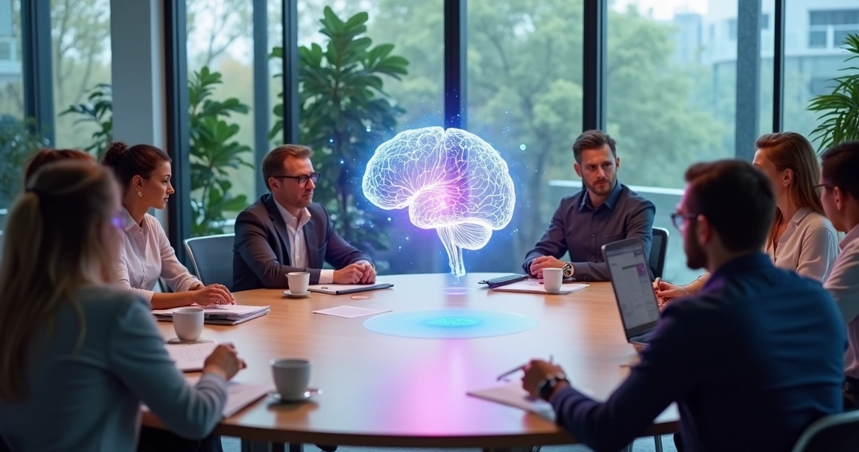 Equipe sentada em mesa redonda, cérebro em holograma ao centro 