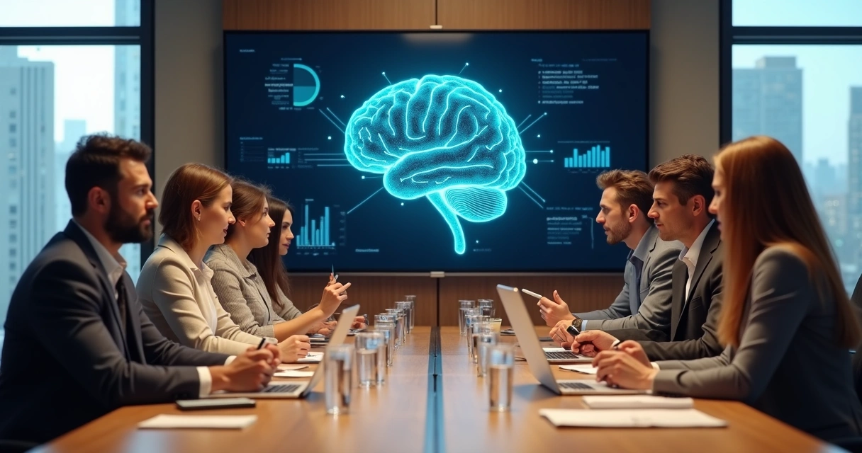 Equipe em reunião de trabalho focada em tela com cérebro digital 