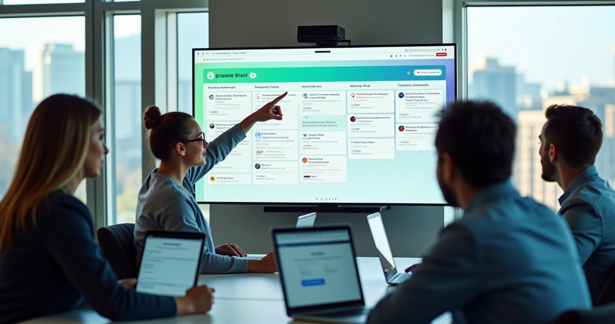 Equipe em sala de reunião virtual, com calendário compartilhado do Notion aberto na tela