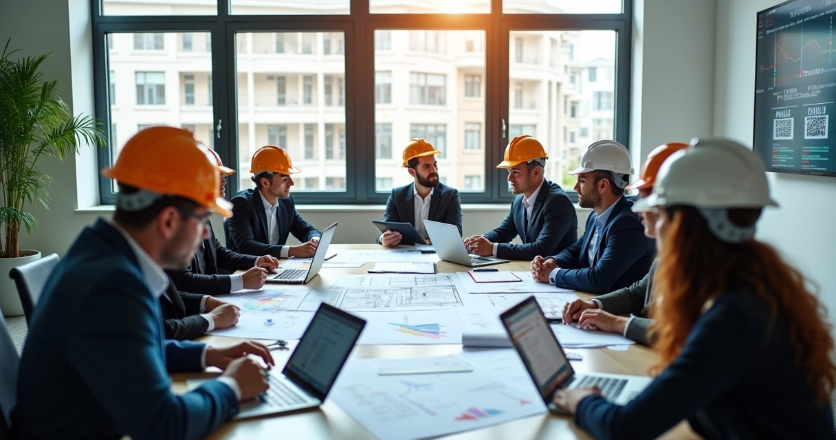 Equipe de obra reunida em torno de mesa com checklists e plantas 