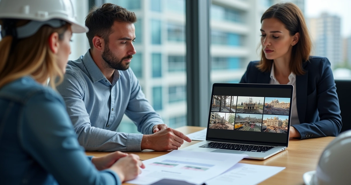 Equipe técnica revisando imagens de obra em reunião 