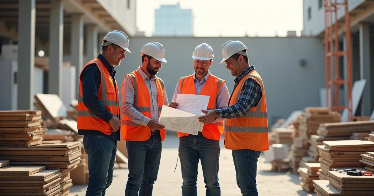 Equipe reunida em canteiro discutindo planning de obra com pranchetas e fluxo de materiais 