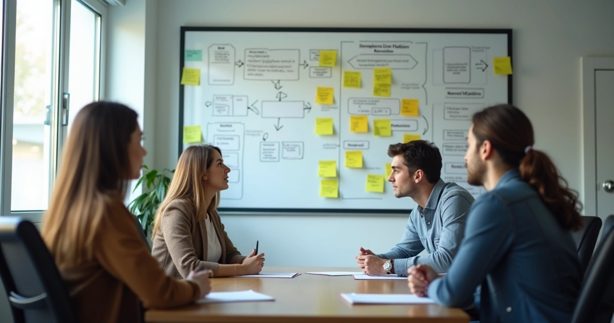 Grupo em reunião observando efeitos de uma decisão em painel 