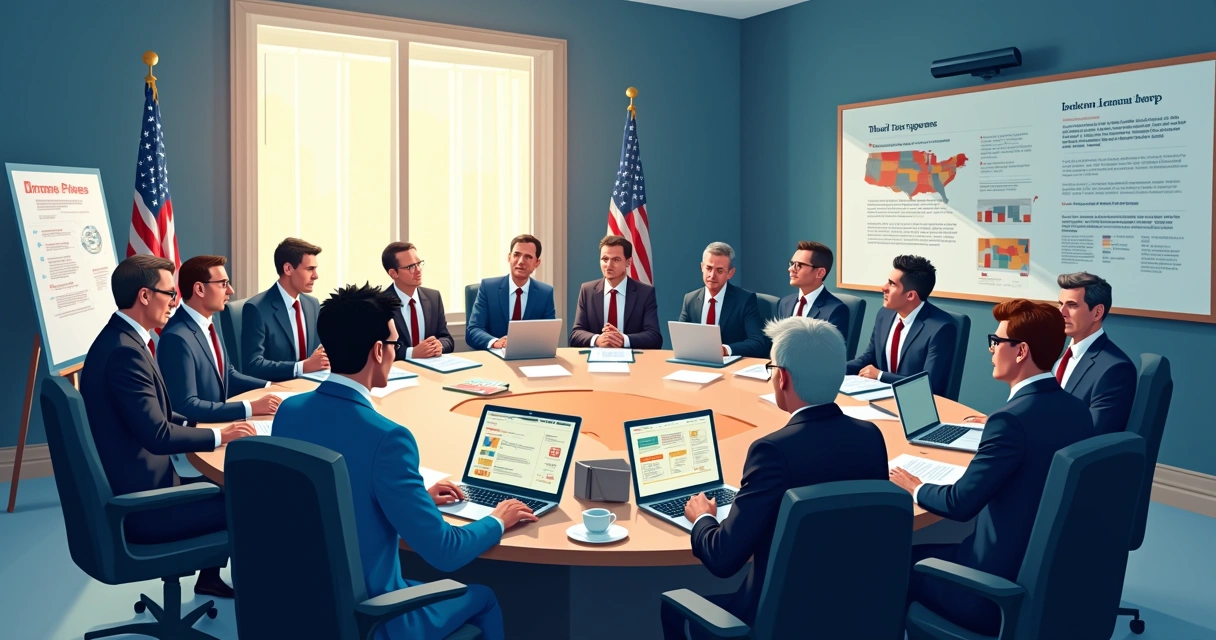 Reunião de oficiais do governo discutindo propostas de impostos com gráficos e infográficos. Ambiente formal.