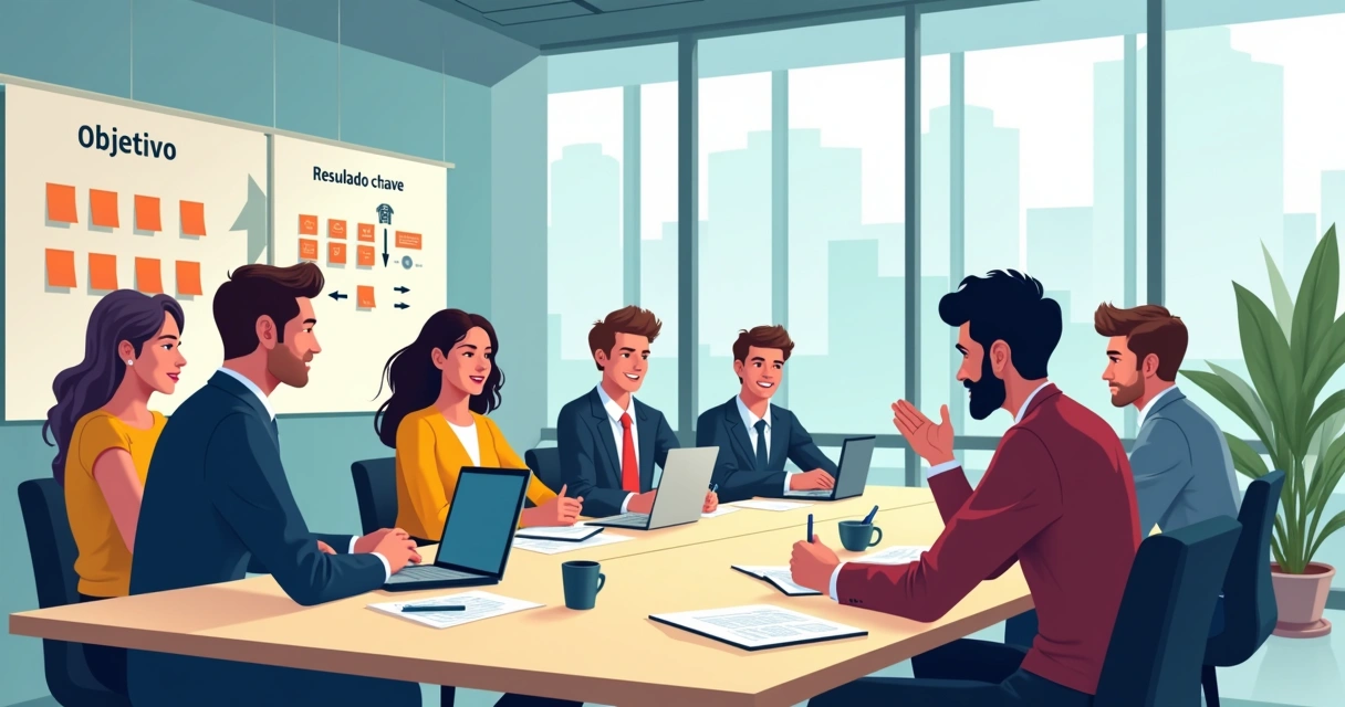 Equipe reunida discutindo metas de OKR no escritório