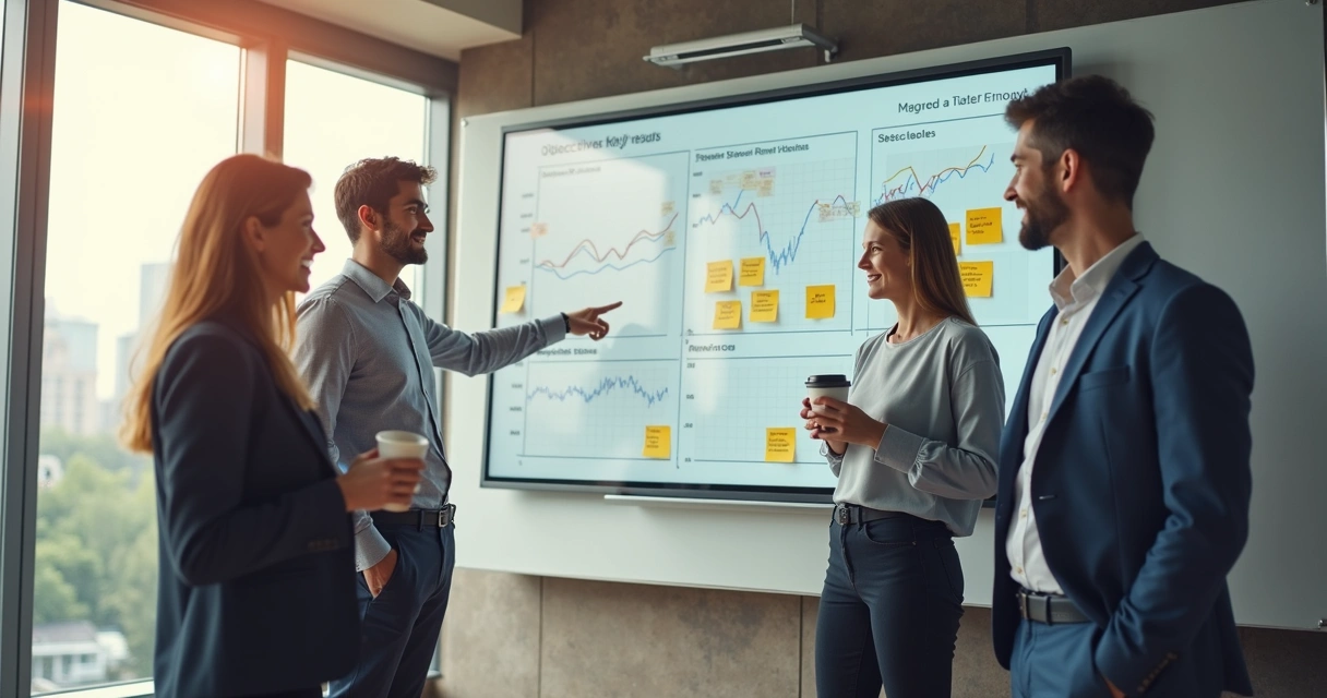 Gestores em reunião analisando quadro de OKR e KPI juntos 
