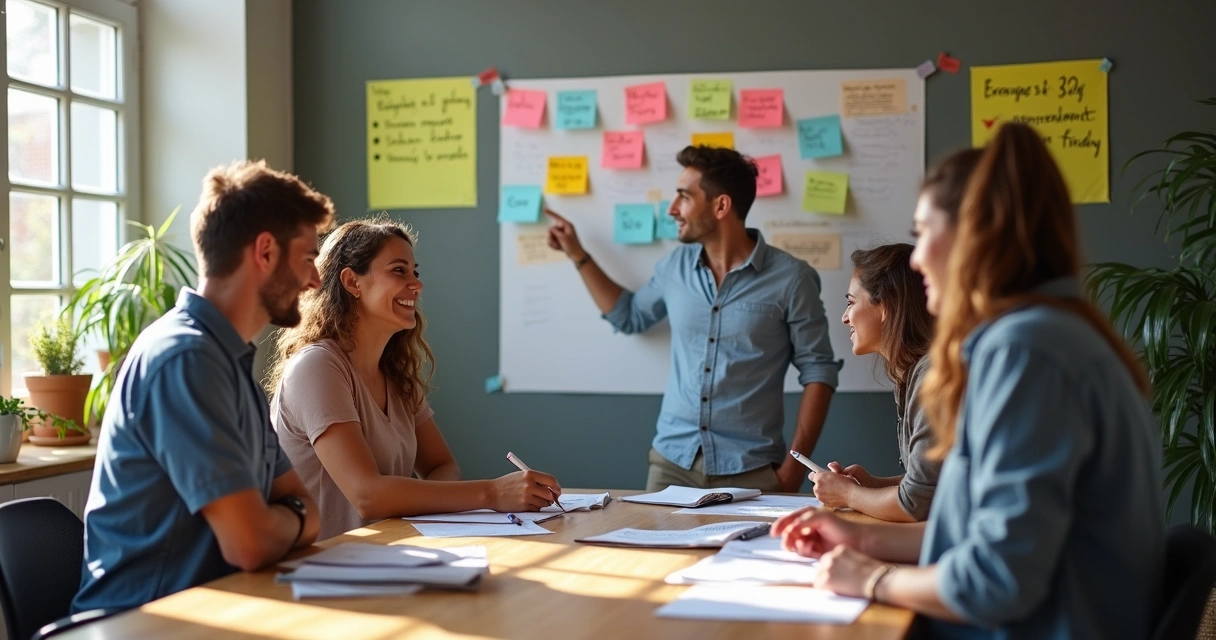 Equipe de PME reunida discutindo metas em papéis coloridos na parede 