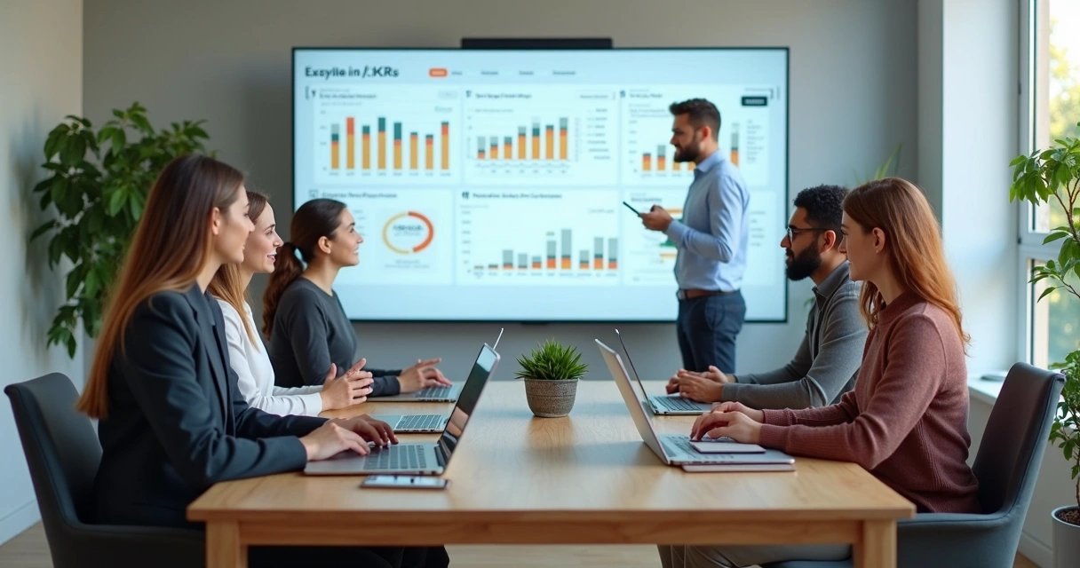 Equipe de negócios em reunião analisando OKRs em telas digitais 