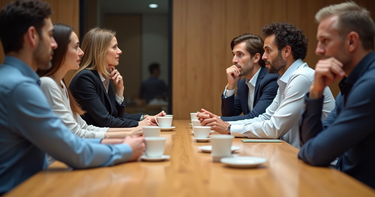 Pessoas sentadas ao redor de uma mesa em reunião, atentas umas às outras. 
