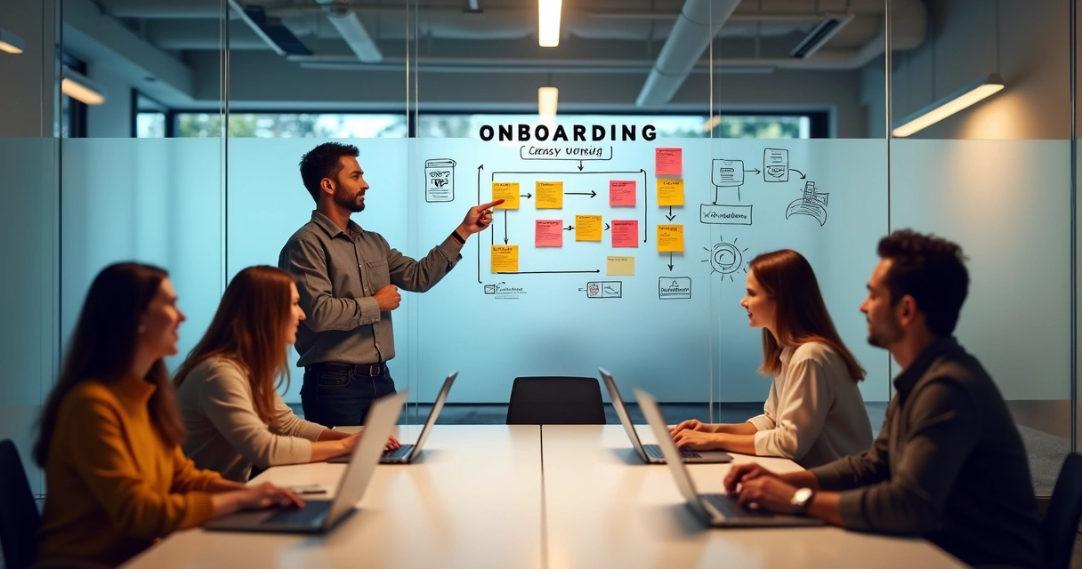 Reunião de equipe de agência discutindo onboarding de novos clientes