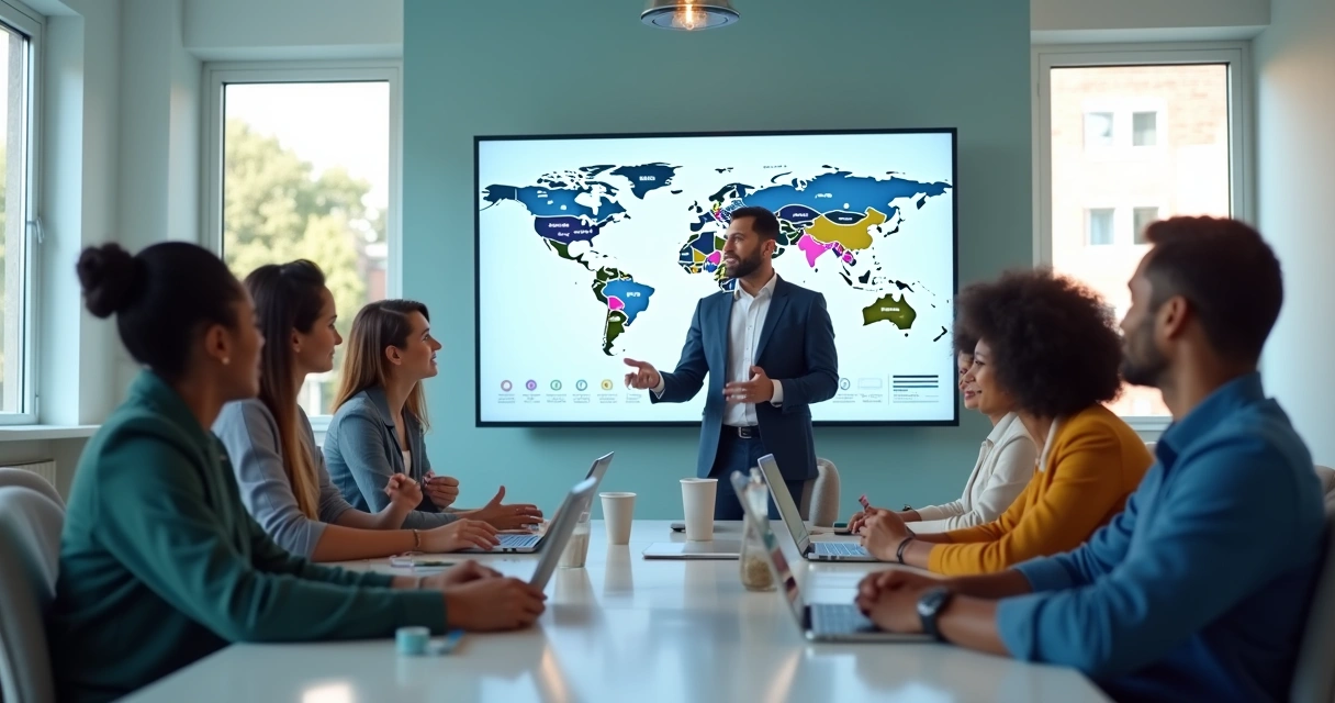 Equipe em reunião de onboarding multicultural com telas e mapas