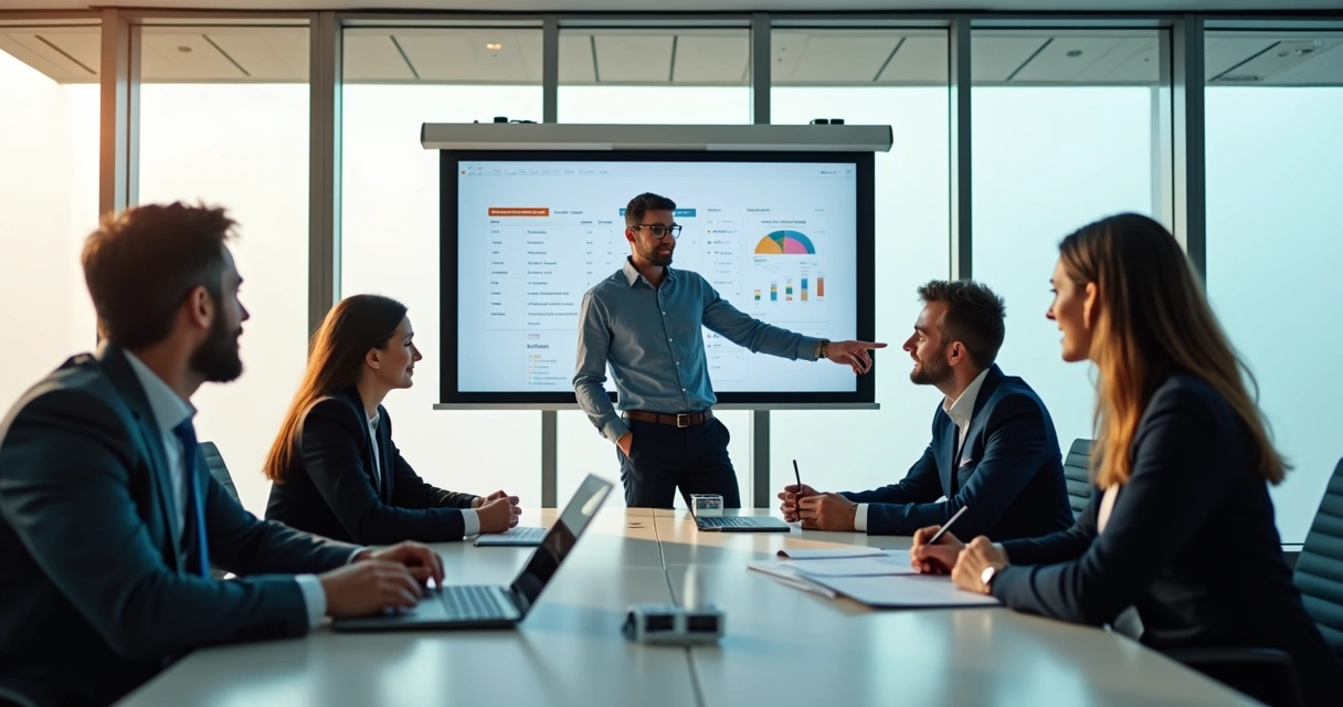 Equipe reunida em sala de reuniões fazendo apresentação de onboarding a cliente 