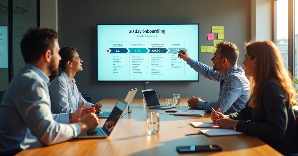 Equipe de PME em reunião de onboarding alinhando plano de 30 dias em tela grande 
