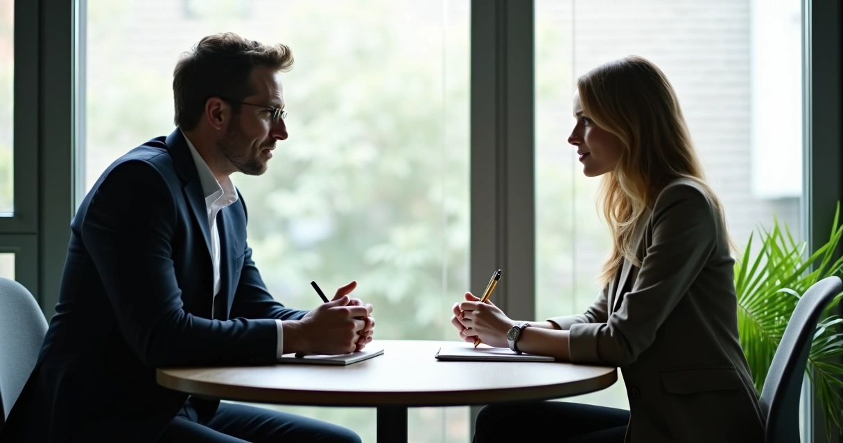 Gestor e colaborador em reunião one a one, ambos com cadernos, debatendo melhorias. 