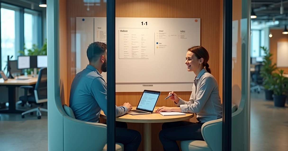 Líder de agência em reunião one-on-one em sala moderna com laptop entre duas pessoas 