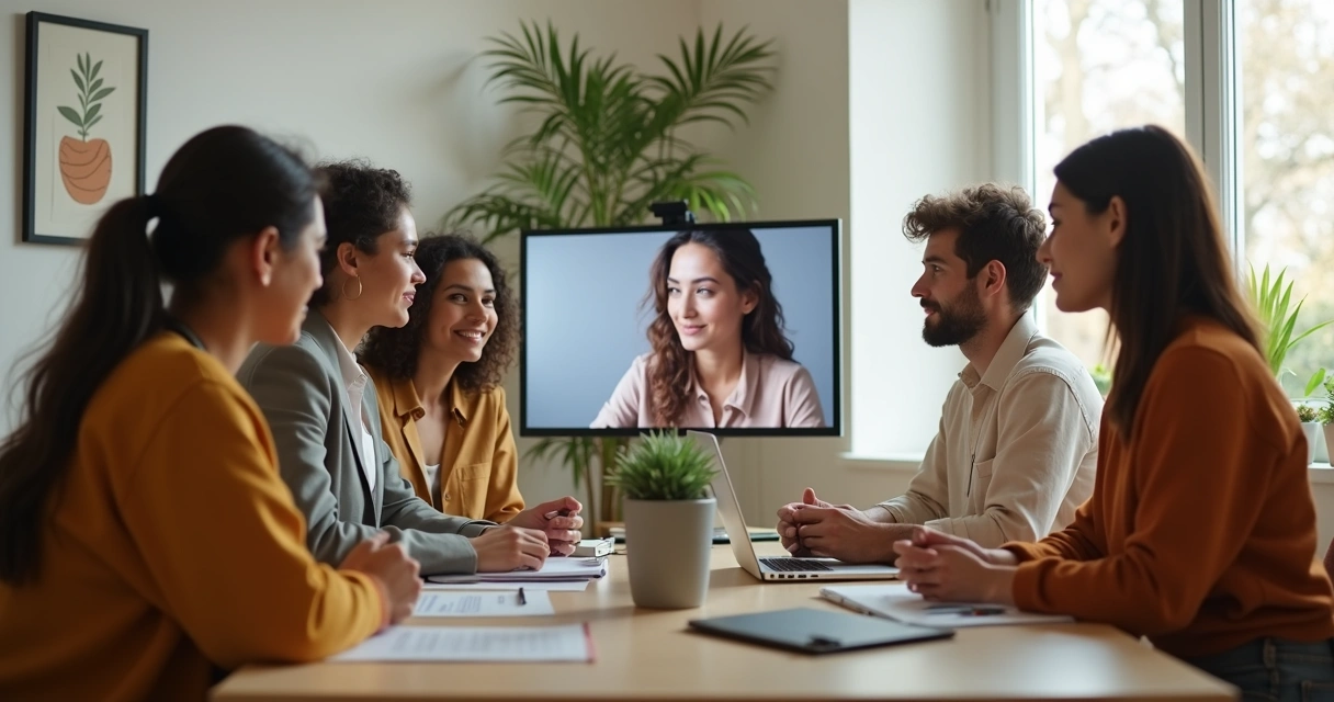 Equipe em reunião online com clima acolhedor e comunicação aberta 