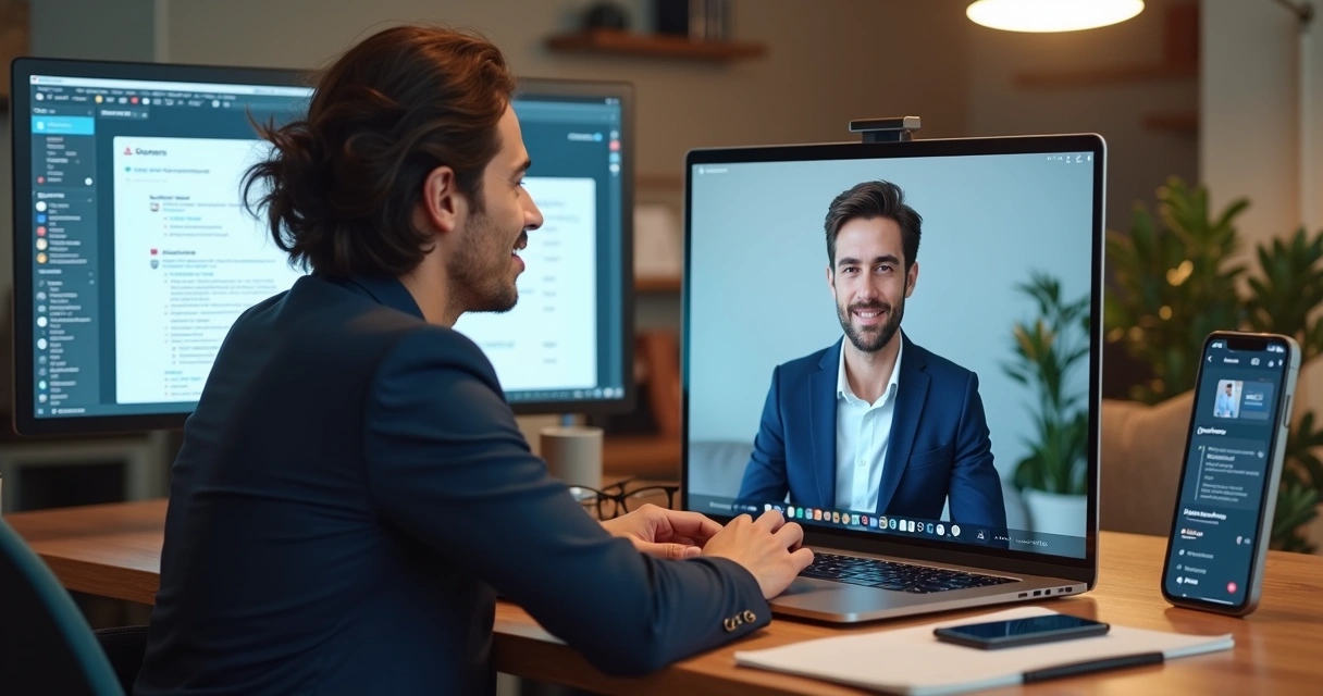 Empresário em videoconferência usando avatar AI ao lado de telas do NotebookLM e Notion 3.0 